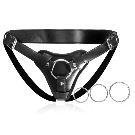 TaRiss's 4点セット ディルド固定用パンツ ペニスバンド 三つのリング付き 調整可能 レザー ブラック - TaRiss's