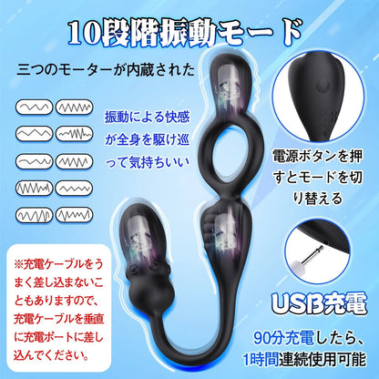 TaRiss's 電動ペニスリング アナルプラグ付き 10段階振動モード リモコン付き 多種用途 シリコン ブラック - TaRiss's