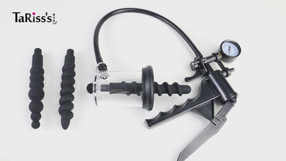 TARISS'S 6 -piece set Anal suction pump drill type Attachment with three plugs Silicon ABS Black A set for anal sucking advanced users