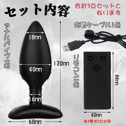 TaRiss's 3点セット パルスアナルプラグ アナルバイブ リモコン付き アナル開発 台座あり ネジ山形 10段階振動と5種類パルスモード シリコン 40mmx120mm - TaRiss's
