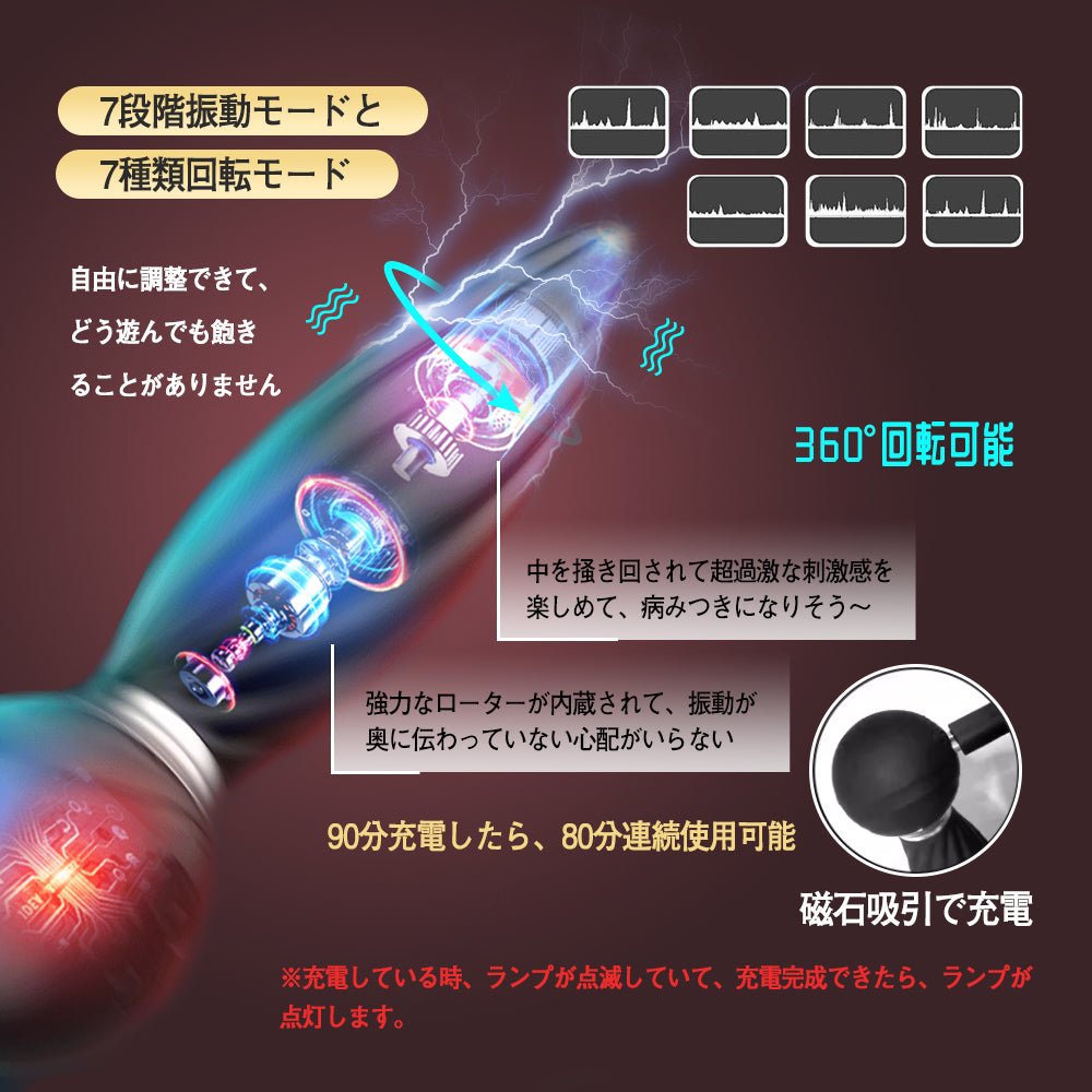 TaRiss's アナルバイブ バイブレータ リモコン付き 360°回転可能 7段階振動モードと7種類回転モード 磁石吸引で充電 シリコン ブラック 31mmx160mm - TaRiss's