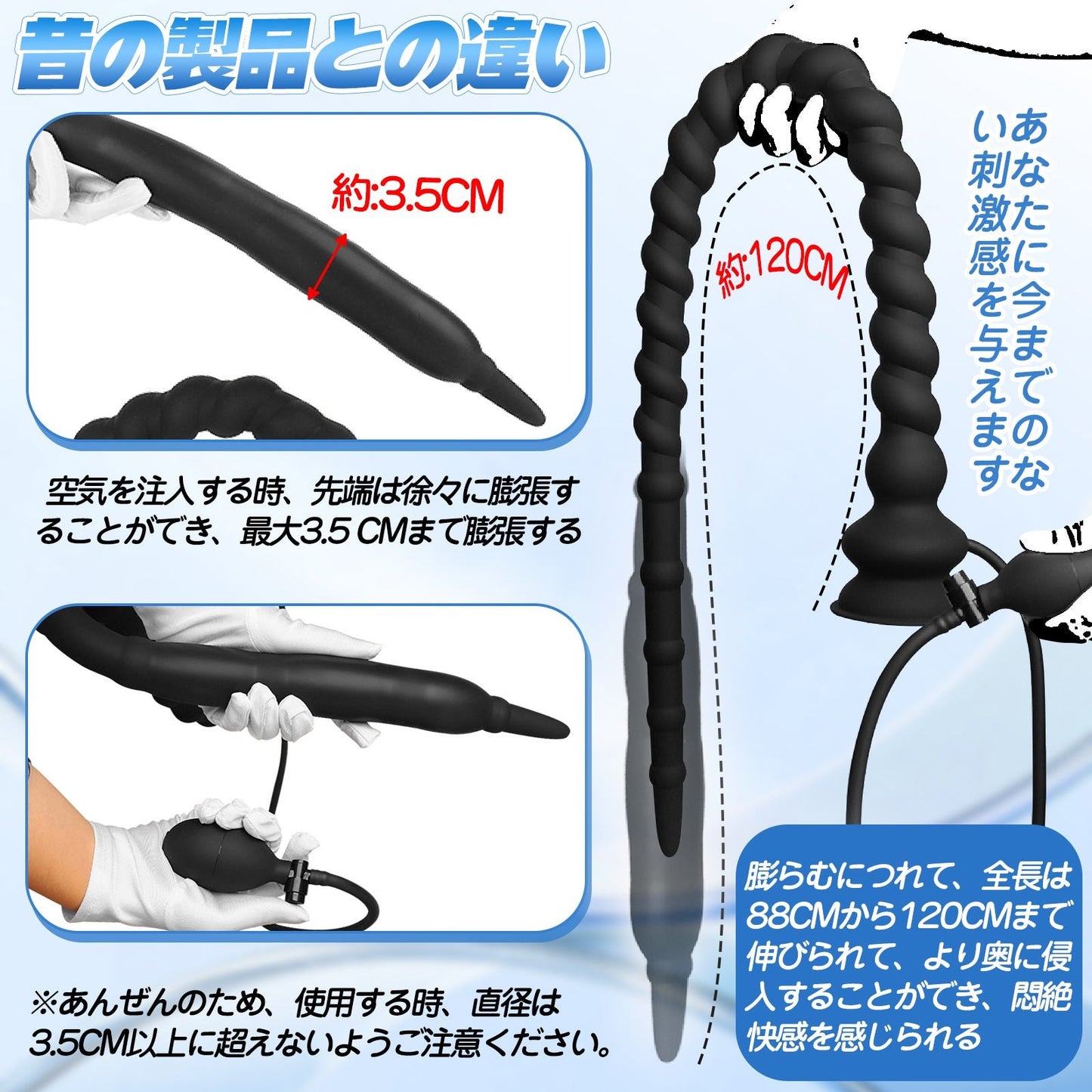 TaRiss's インフレート式アナルプラグ アナル拡張 空気注入式 手動 ネジ山形 吸盤付き シリコン ブラック - TaRiss's